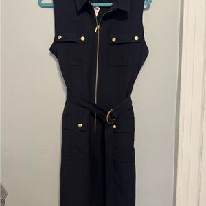 Sheragano Navy Blue Sleeveless Shirt Dress with Gold Accents